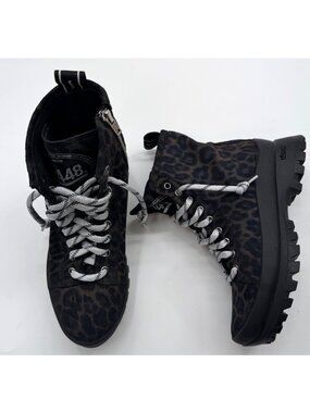 P448 Womens Leopard Print Suede Combat Boots Size 7 EU 37 Black & Brown Vibram